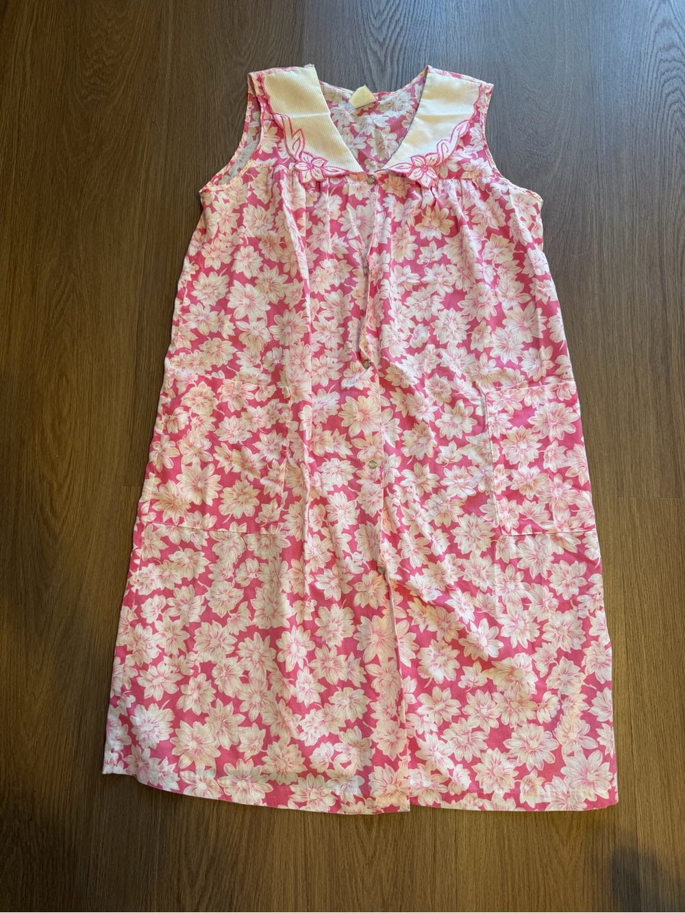 Vintage Pure Luxury Pink Floral House Dress L Embroidered Sailor Collar Snap